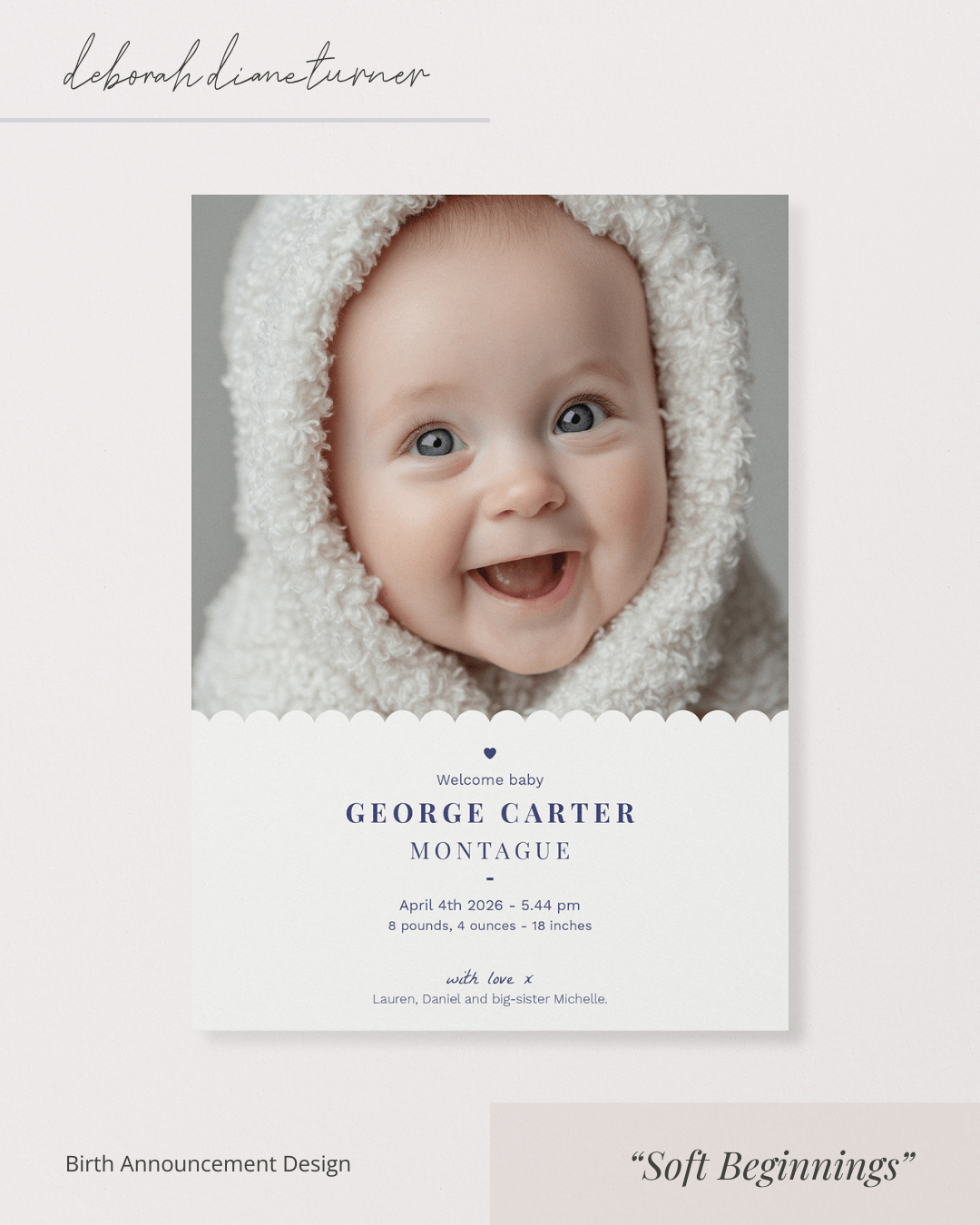 Soft Beginnings birth announcement design by Deborah Turner
