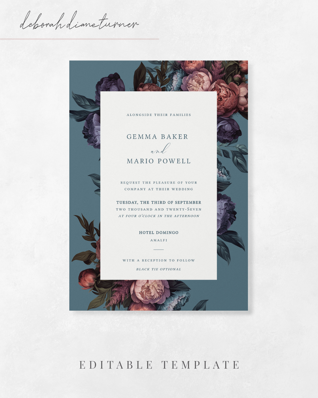 Nocturne Garden dark romantic floral wedding invitation design by Deborah Turner