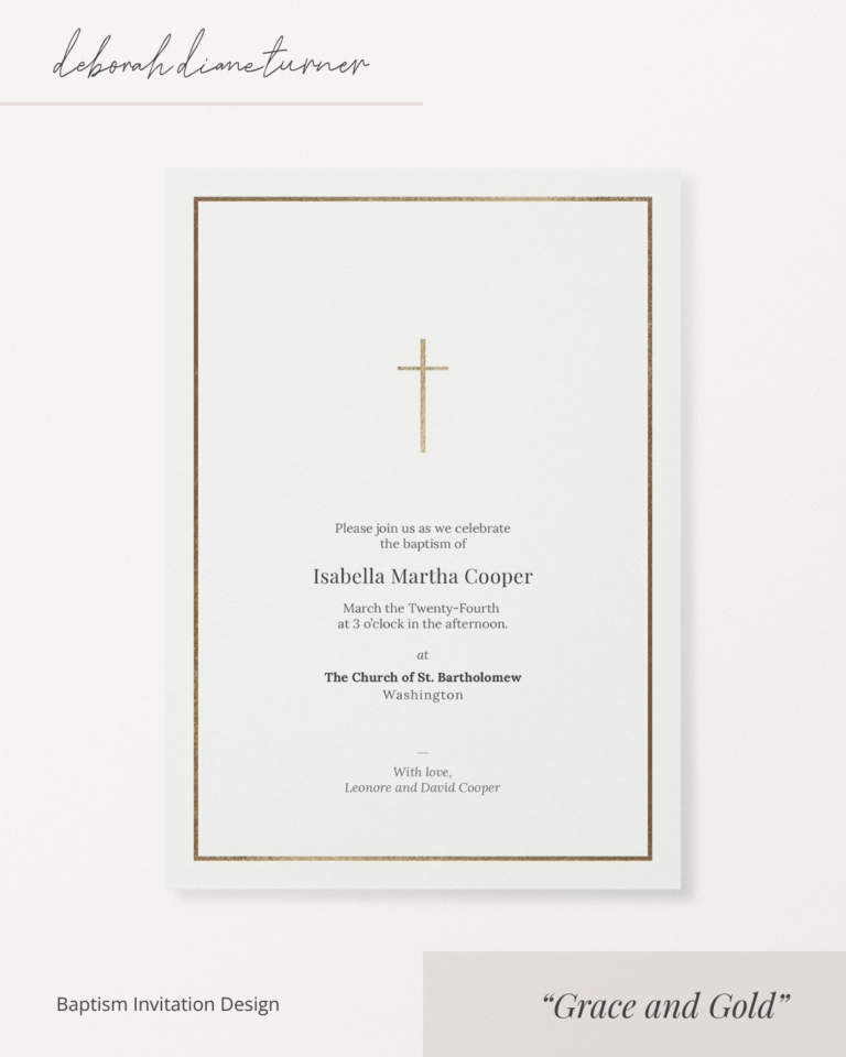 Grace & Gold baptism invitation design by Deborah Turner