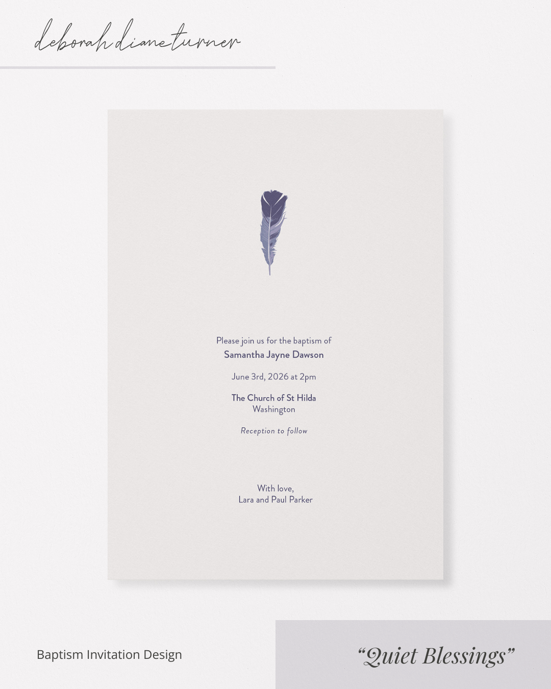 Quiet Blessings feather baptism invitation design by Deborah Turner