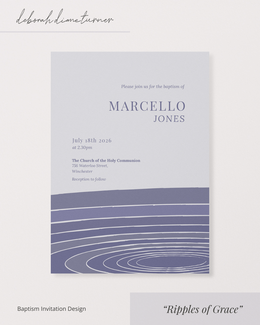 Ripples of Grace baptism invitation design by Deborah Turner